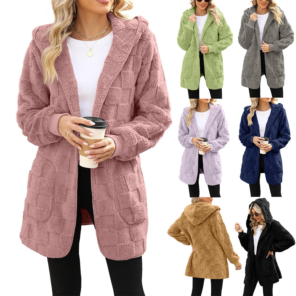Cardigan Plaid Jacquard Hooded Pocket Plush Cardigan Jacket