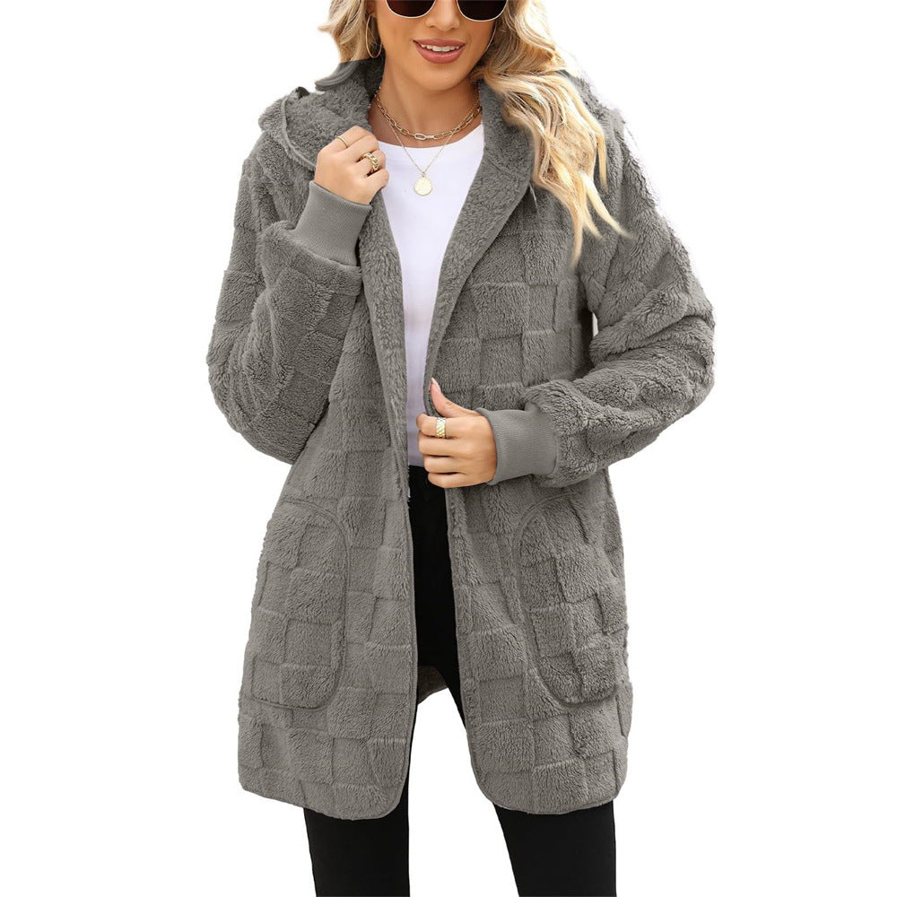 Cardigan Plaid Jacquard Hooded Pocket Plush Cardigan Jacket