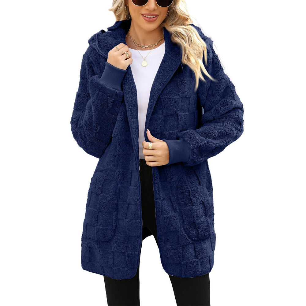 Cardigan Plaid Jacquard Hooded Pocket Plush Cardigan Jacket