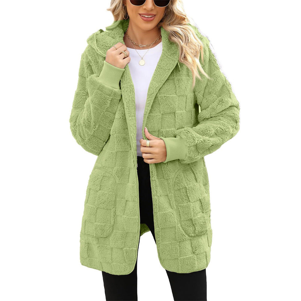 Cardigan Plaid Jacquard Hooded Pocket Plush Cardigan Jacket